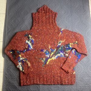 Multicolor Abstract Pattern Knit Cottage Handmade Turtle Neck Sweater S/M Chic